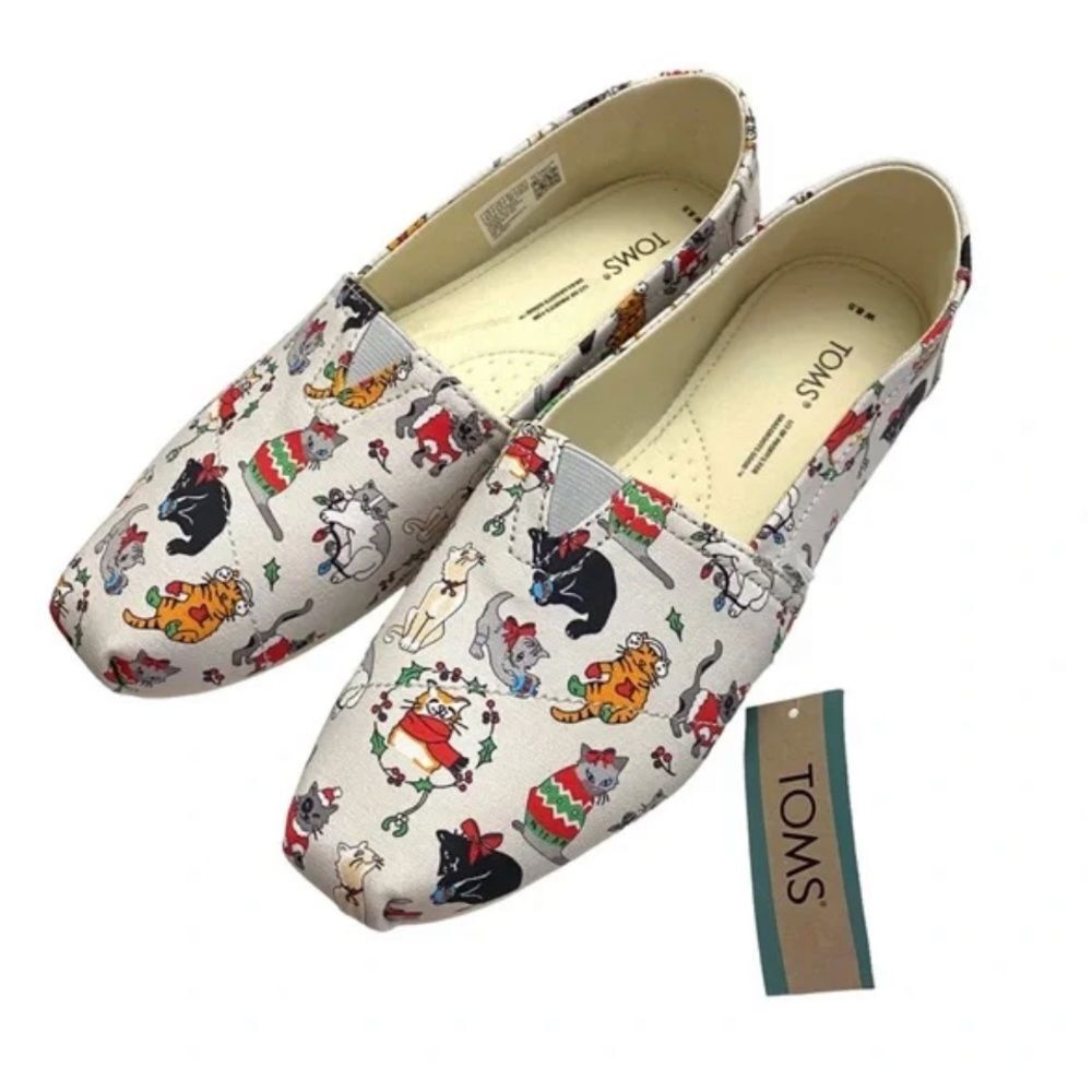 Toms Womens Belmont Christmas Holiday Cats Canvas Flat Shoes Casual Slip On NWT